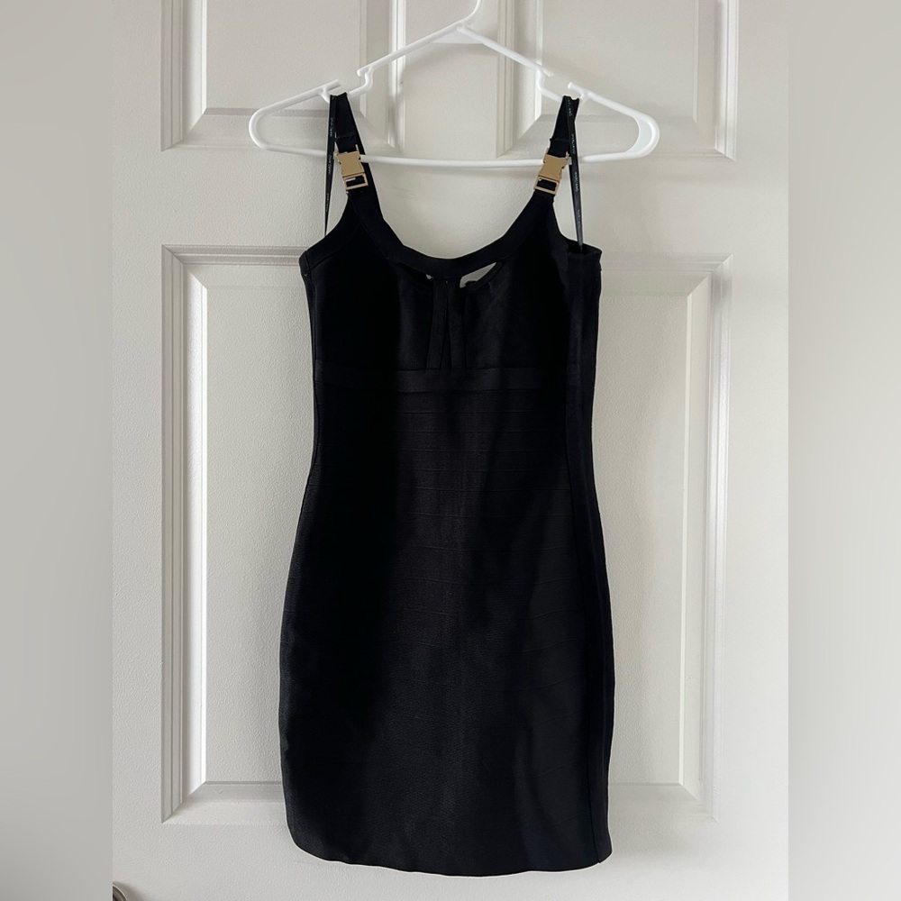 Marciano Black Buckle Strap Bodycon Mini Dress